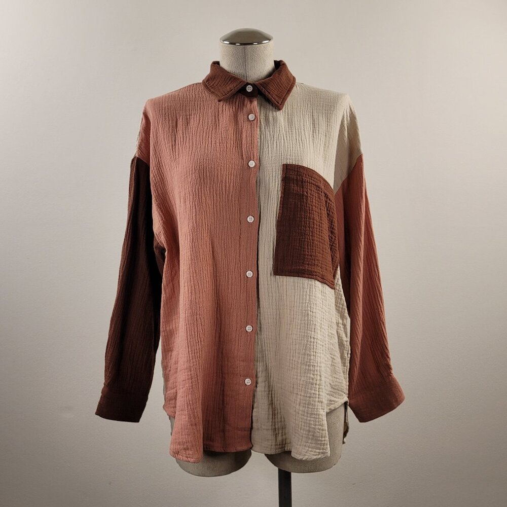 VICI Cindy Cotton Colorblock Button Down Top XS | Long Sleeve Button Down Top